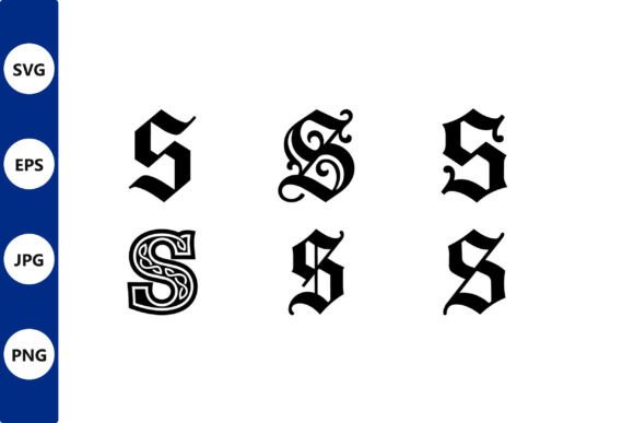 Ornate Blackletter S Glyphs on White Graphics & Illustrations